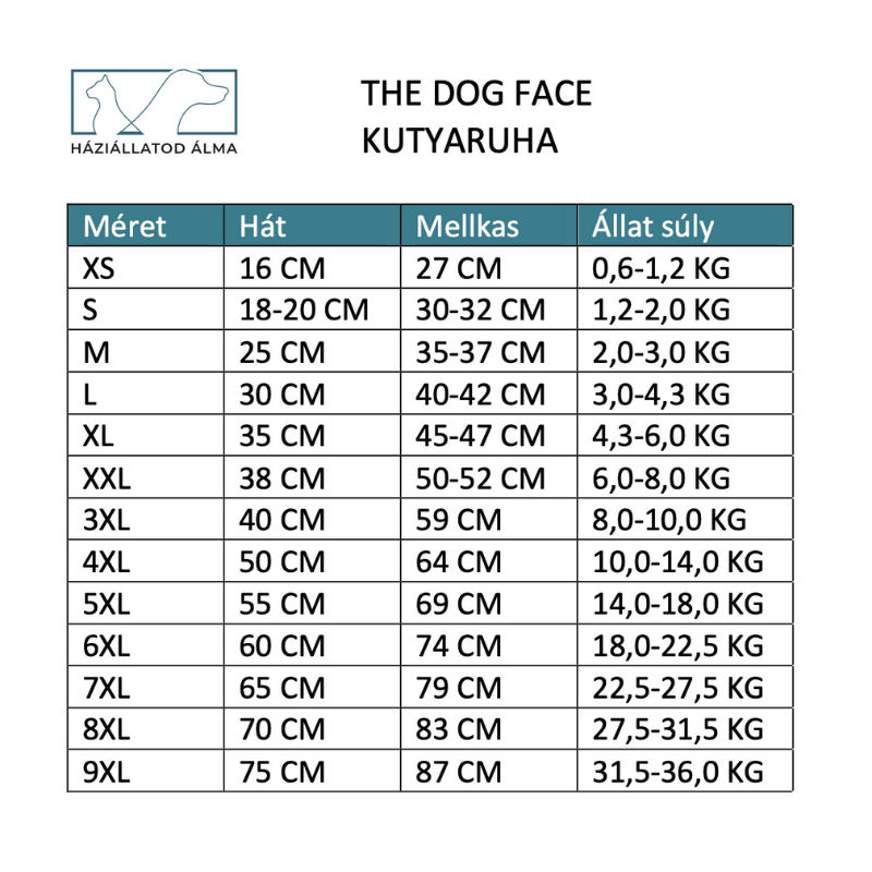 The dog face kutyaruha mérettáblázat