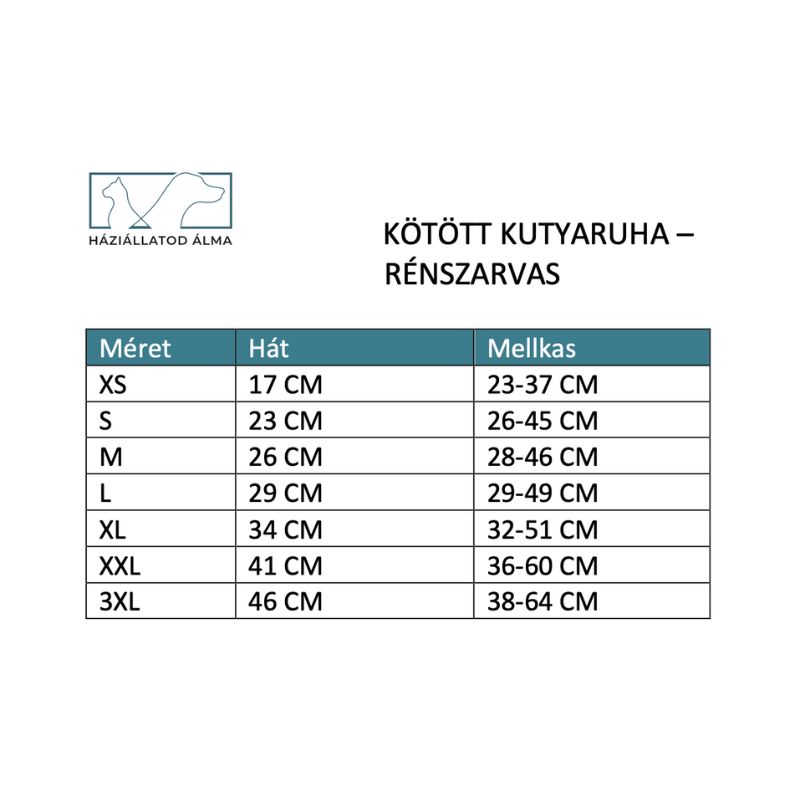 Kötött kutyaruha - rénszarvas - mérettáblázat